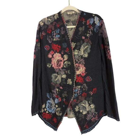 IVKO Sweaters - IVKO Lambswool Sweater Womens 40 Large Gray Floral Cardigan Snap Front